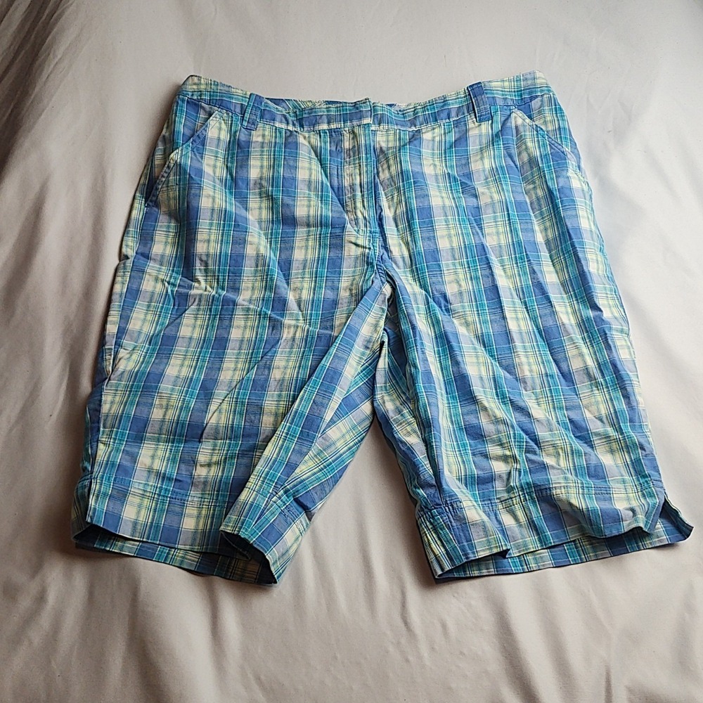 Kim Rogers Plaid Shorts Blue Teal Green Cotton Blend Women's Size 14
